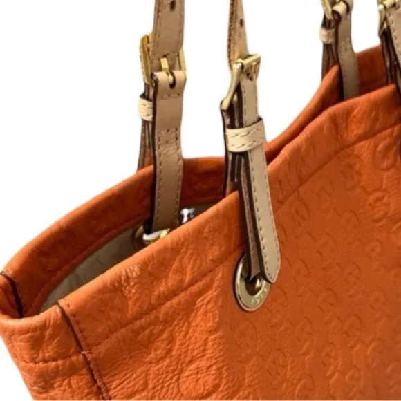 Michael Kors Tote Bag Vintage Monogram Embossed Leather Tote Shoulder Bag Orange - Picture 4 of 12